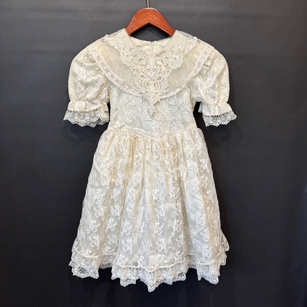 Jessica McClintock Gunne Sax Kids Ivory Lace Dress Vintage 90s Made in USA Sz 6